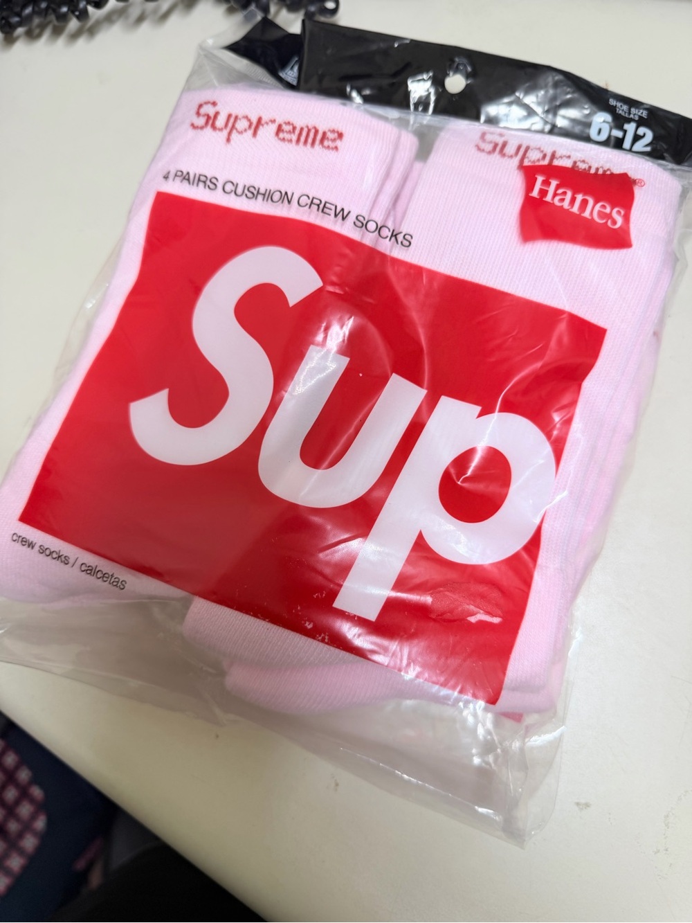 Hanes Pink Cushion Crew Socks with Supreme Logo - Pack of 4